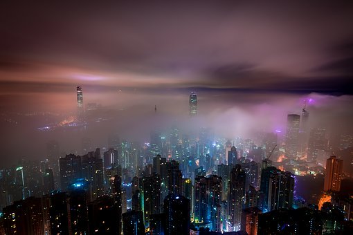 云, 香港, 夜, 薄雾, 霾, 摩天大楼, 城市, 市容, 香港, 城市